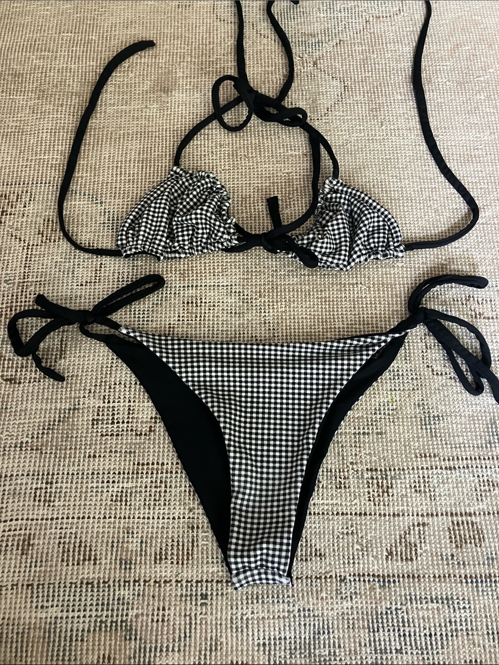 Black & White Gingham Tie-Side Bikini Set - Women Swim